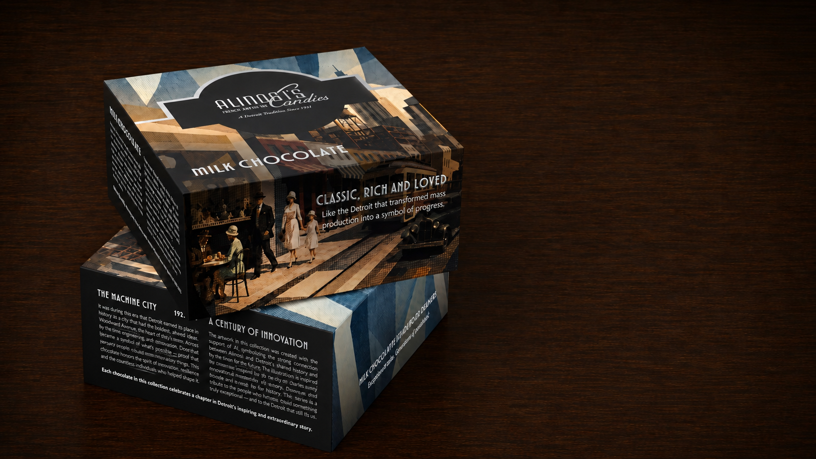 ALINOSI Milk Chocolate packaging with Detroit artwork