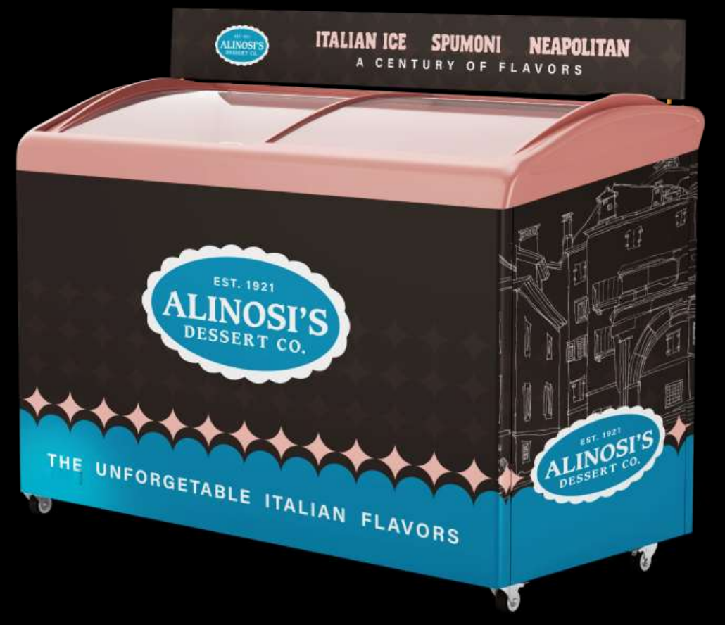 Upcoming Alinosi freezer concept in chocolate brown, pink and turquoise