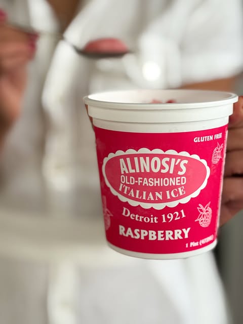 Alinosi raspberry Italian Ice being served