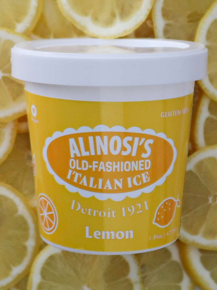 ALINOSI Lemon Italian Ice pint surrounded by fruit