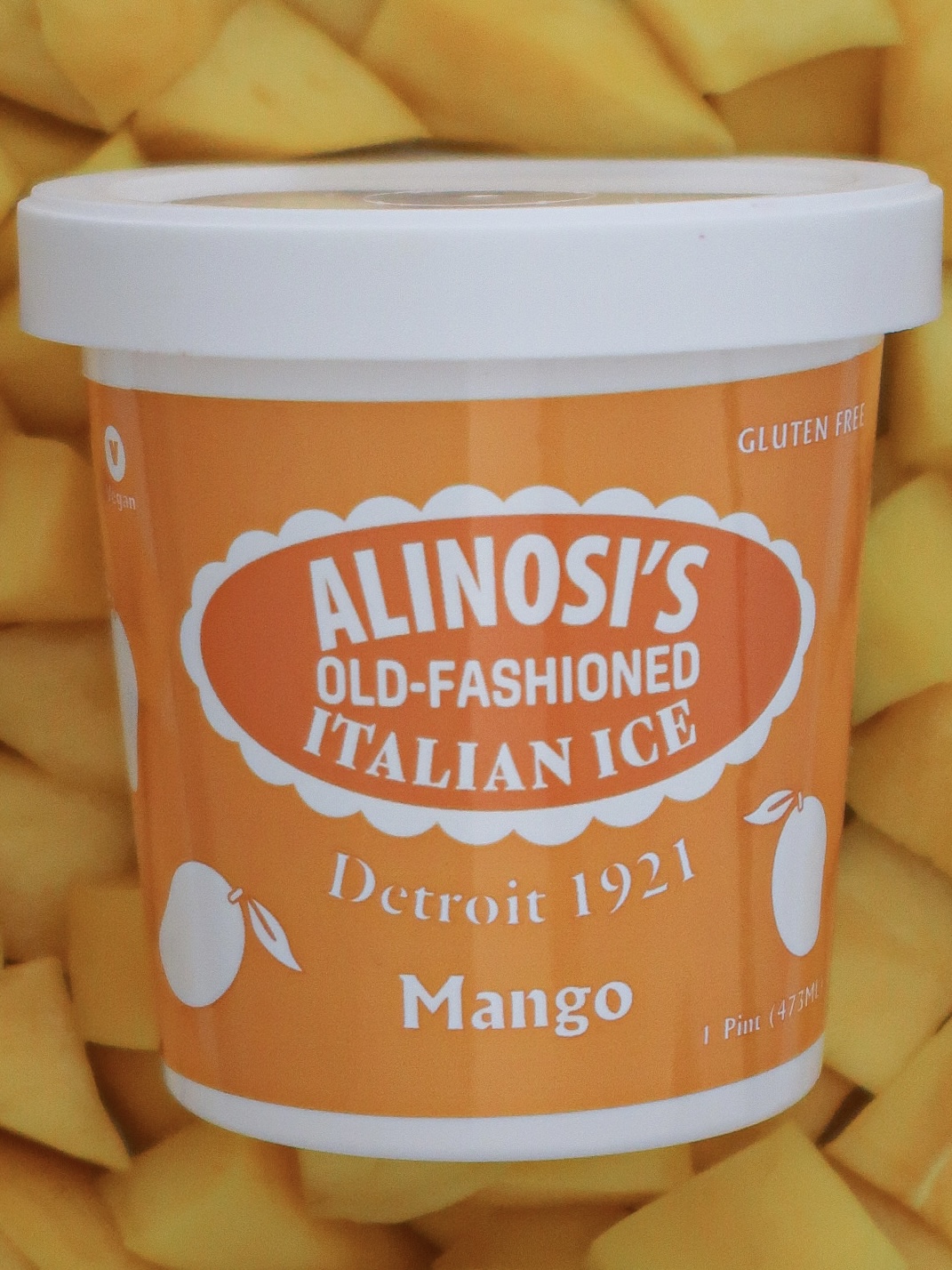 ALINOSI Mango Italian Ice pint surrounded by fruit