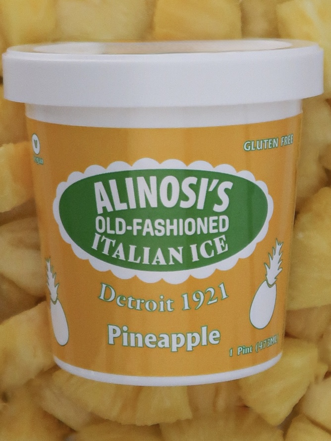 ALINOSI Pineapple Italian Ice pint surrounded by fruit